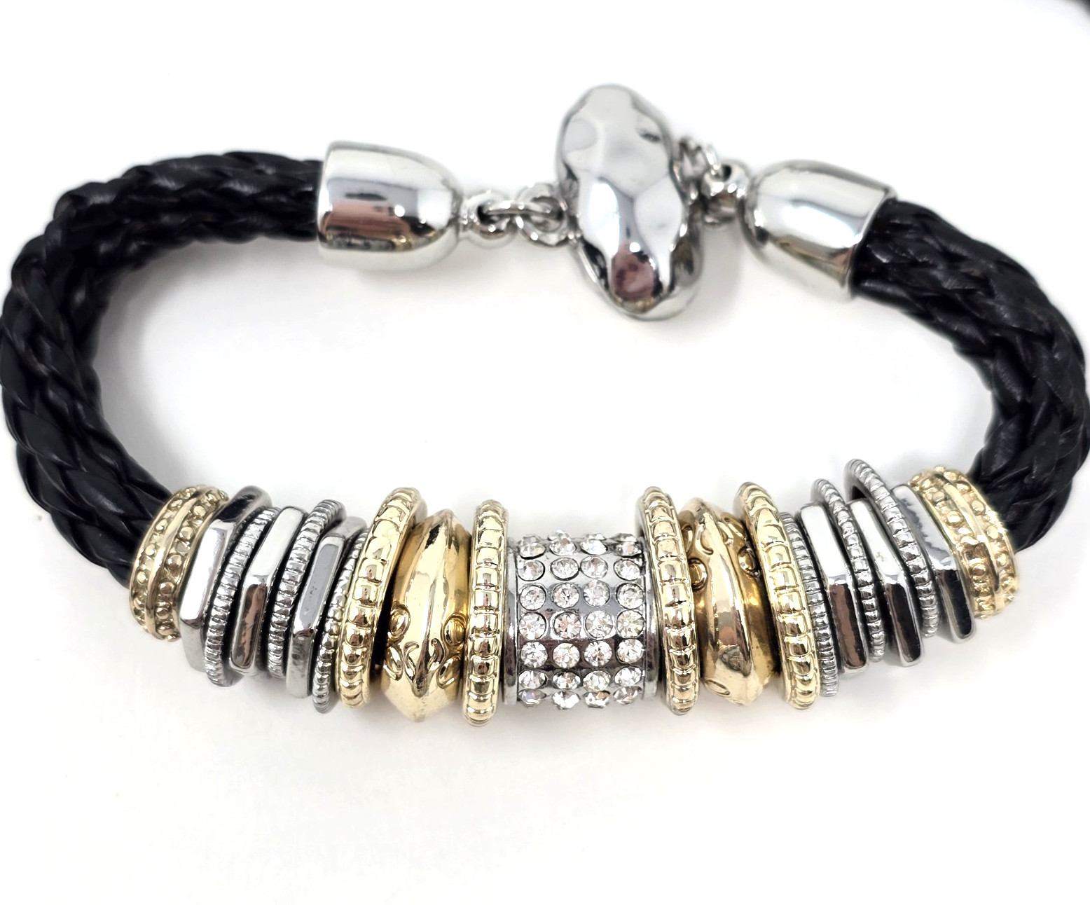 CHICO’S Silvertone Rhinestones 5 Leather Strands Set 22″ Necklace Bracelet