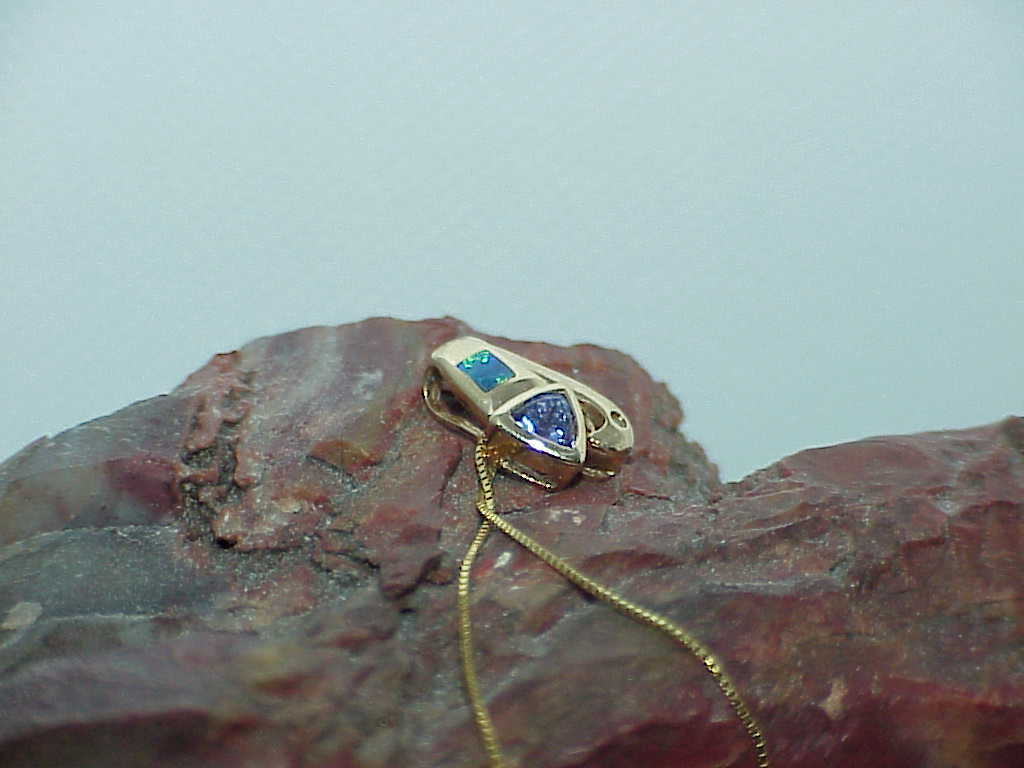 14K Black Opal Trillion Tanzanite 2 Diamond Pendant Necklace Yellow Gold New Tag