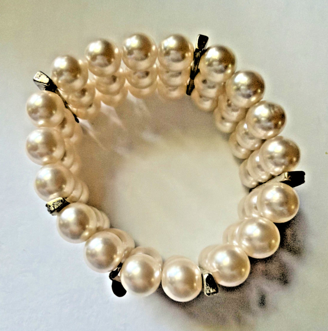 3 Strand Faux 1cm Pearl Rhinestone Stretch Bracelet RMN Signed Roman 1.25 in