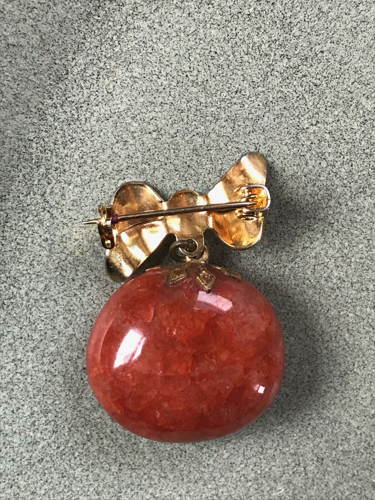 Vintage Small Goldtone Ribbon Bow w Large Polished Orange Agate Stone Dangle Cha