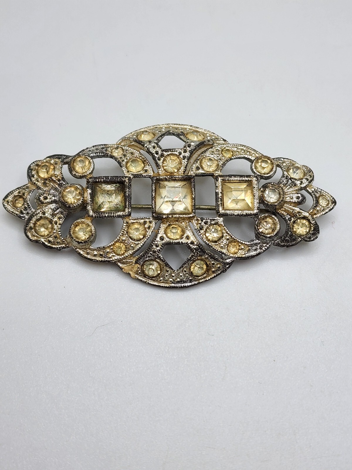 Vintage Rhinestones And Pewter Type Metal Glass Rhinestone Brooch