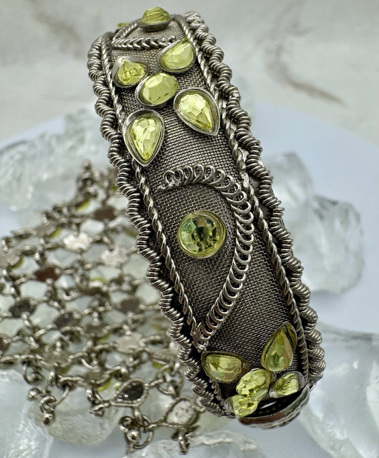 VTG Boho Slave Bracelet Bangle Peridot Rhinestones Sizeable Ring Chain Link