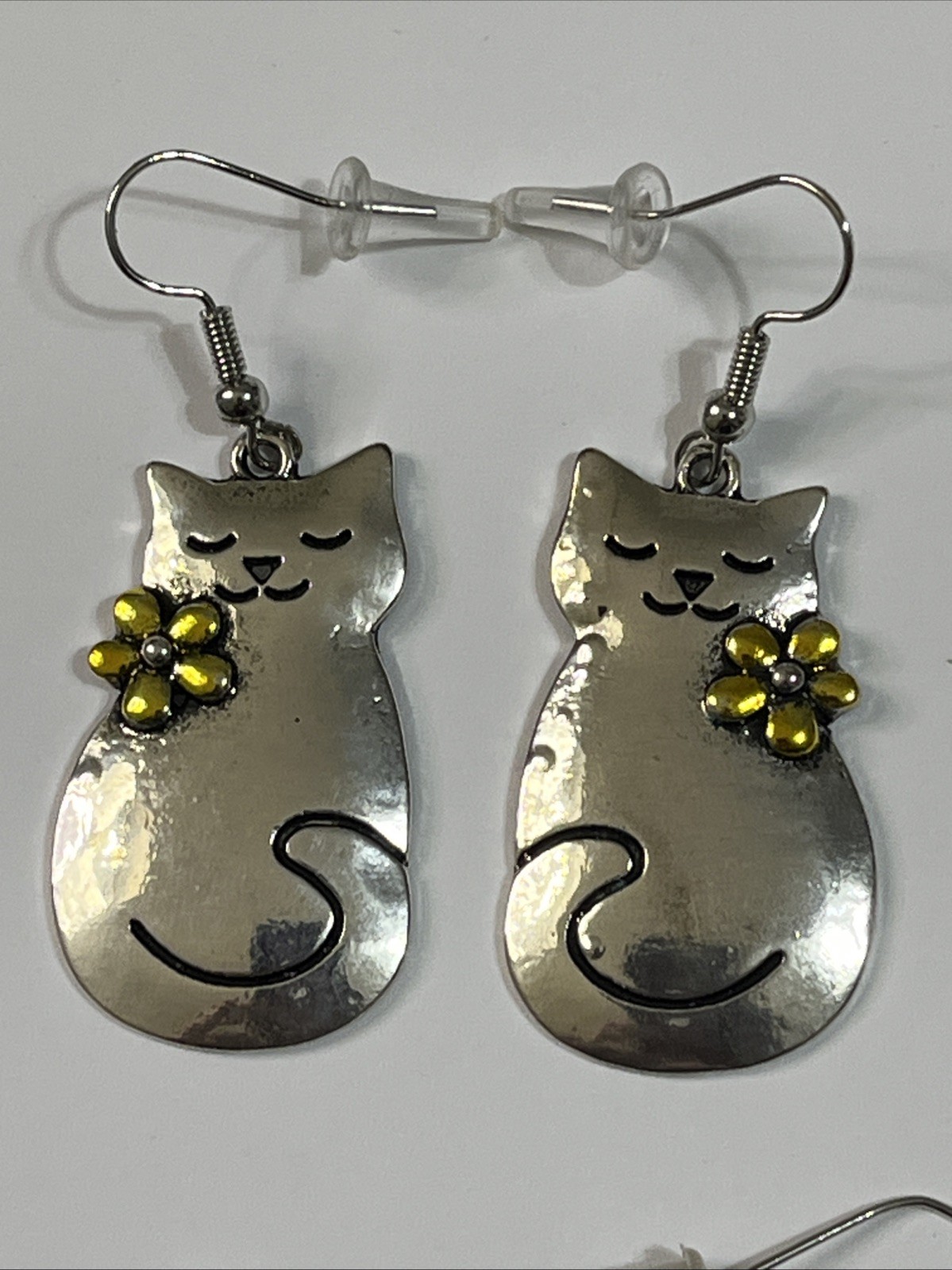 Cat Pierced Earrings Lot of 4 Kitty Black Cat Moon Flower Silvertone Halloween