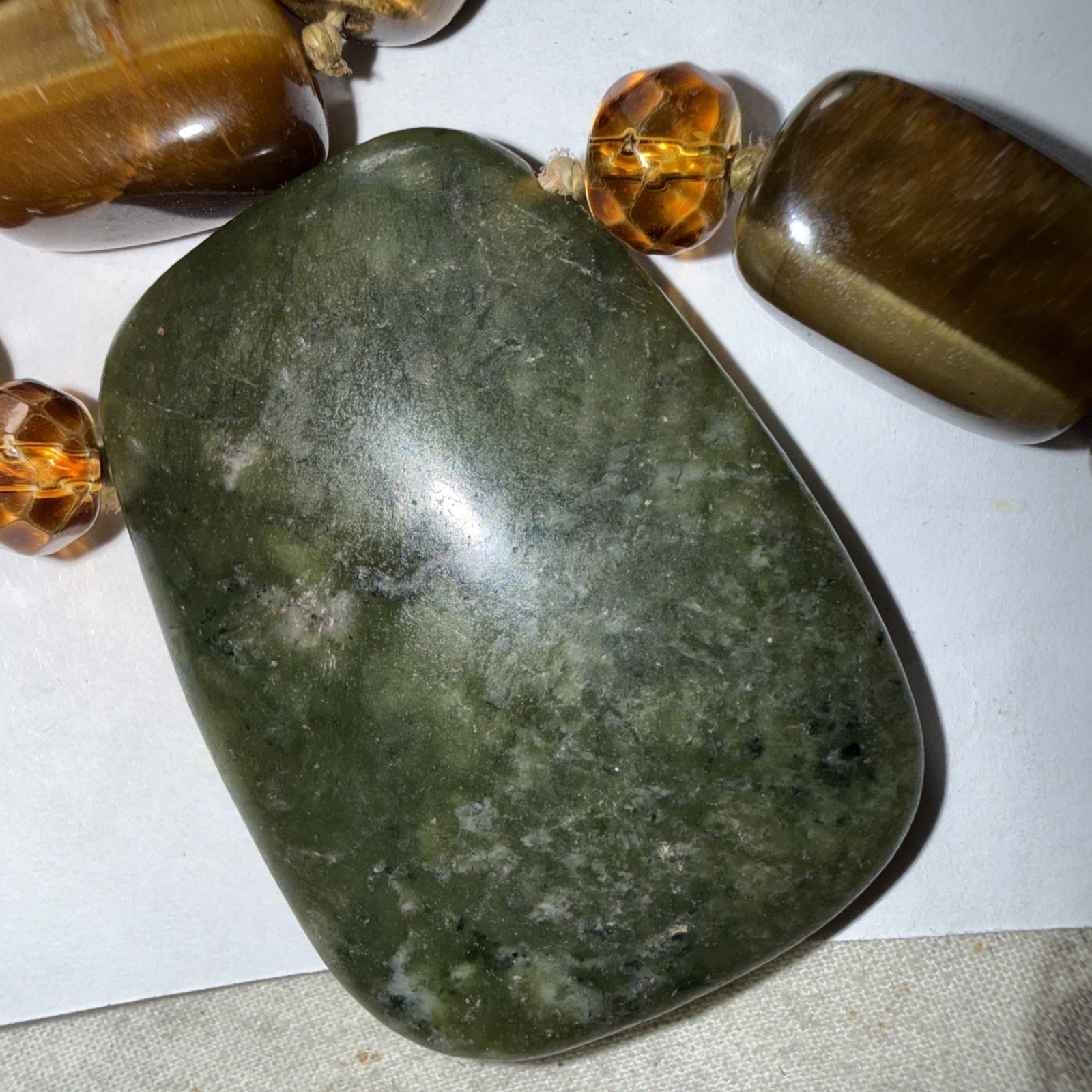Necklace Big Jade Pendant Big Tigers Eye Beads Faceted Citrine Crystal 17” Old