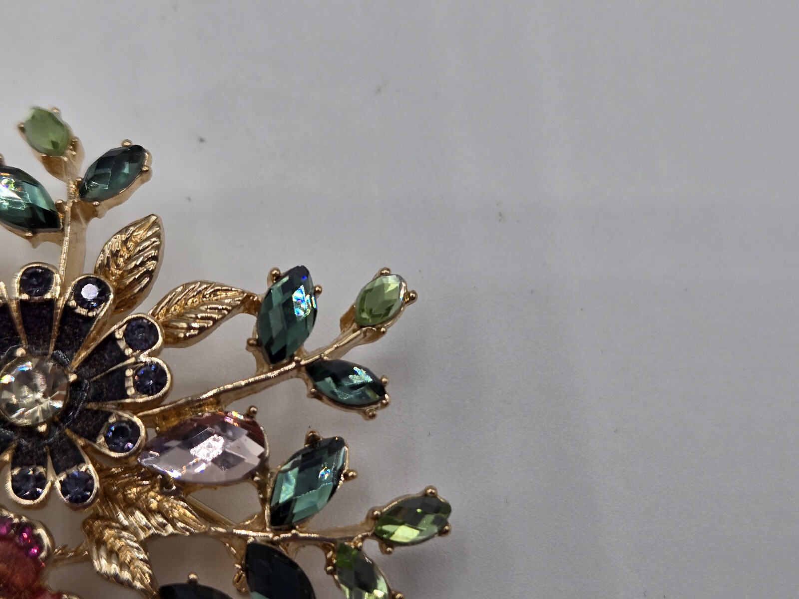 Napier Flower Brooch Gold Tone Enamel Green White Pink Purple Stones