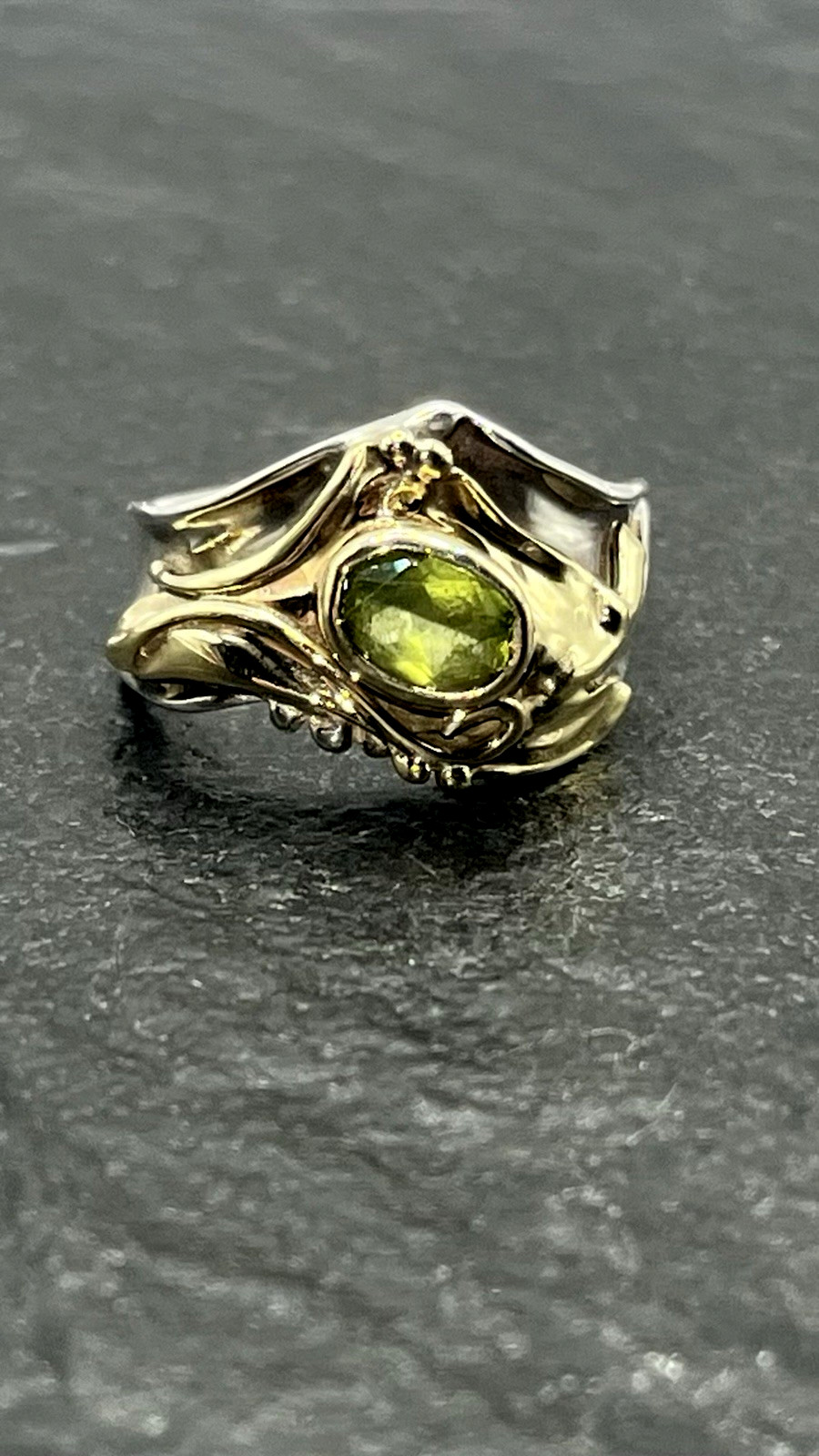 Vintage Art Nouveau Style Peridot Sterling Silver and 14K YG Vermeil Ring Size 8