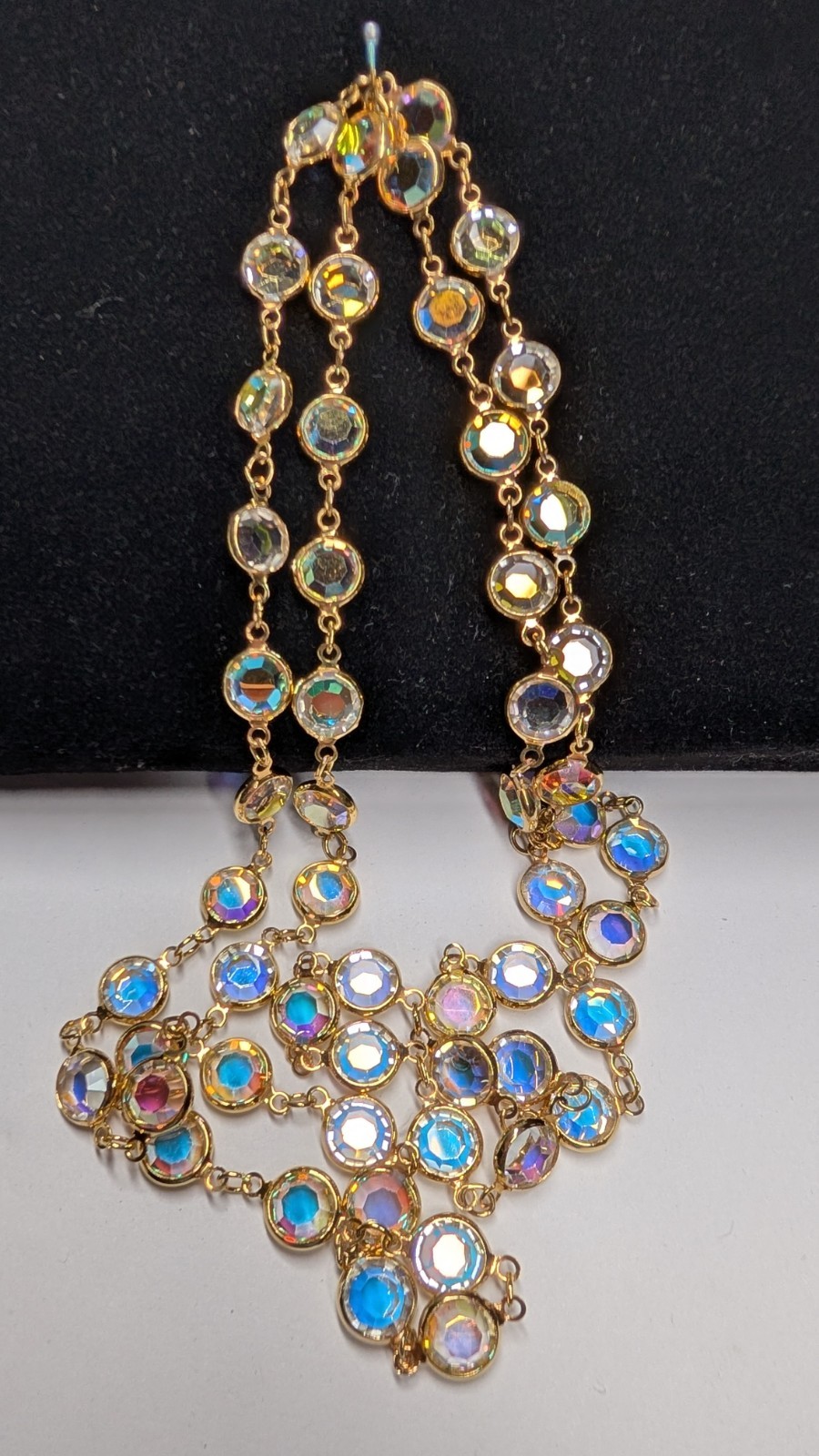 Vintage SWAROVSKI aurora borealis crystal open back bezel set necklace 36″