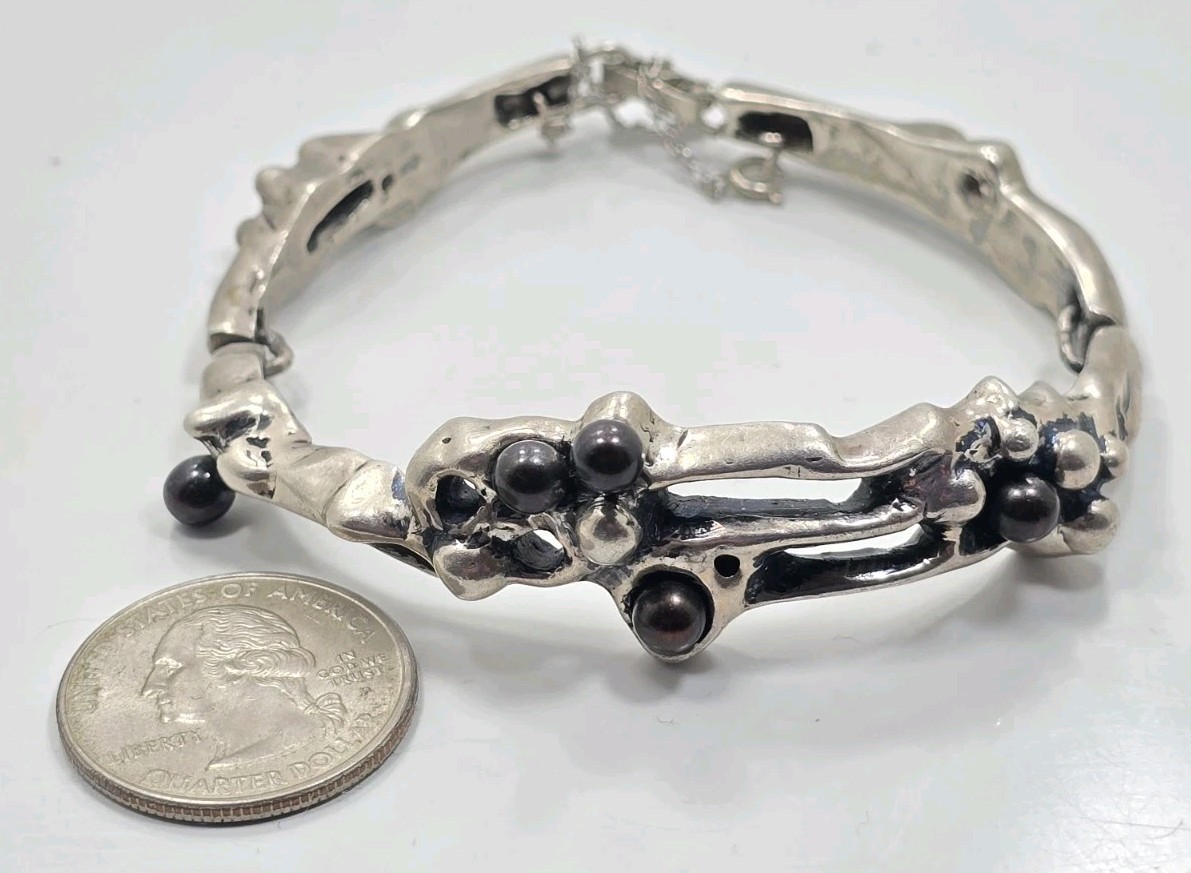 Vintage Sterling Silver 925 Brutalist Black Pearl Artist Made Ladies Bracelet