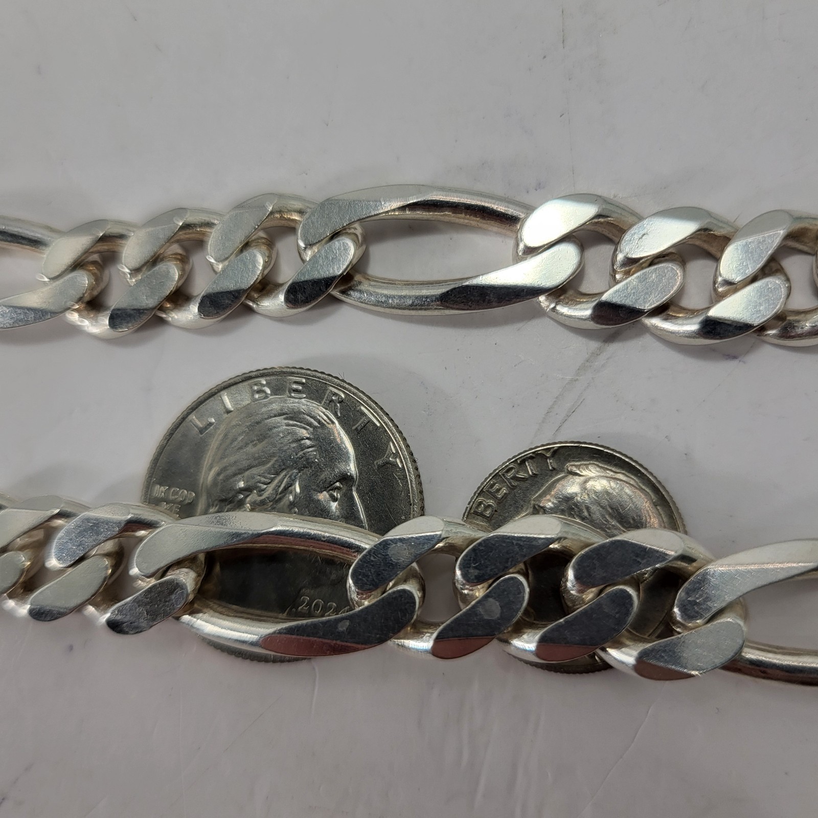 Vintage Italy Figaro Chain Necklace Rhodium Plate 20″ Sterling 89 Grams 11 mm