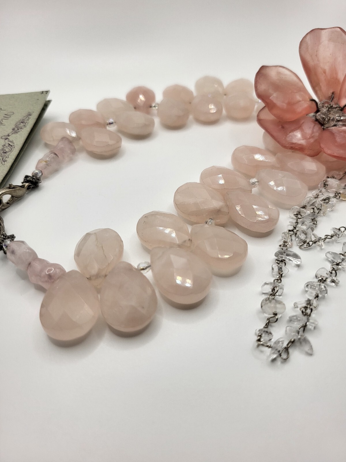 STUNNING Vintage MAYA Faceted Rose Quartz Rock Crystal Large Flower Necklace