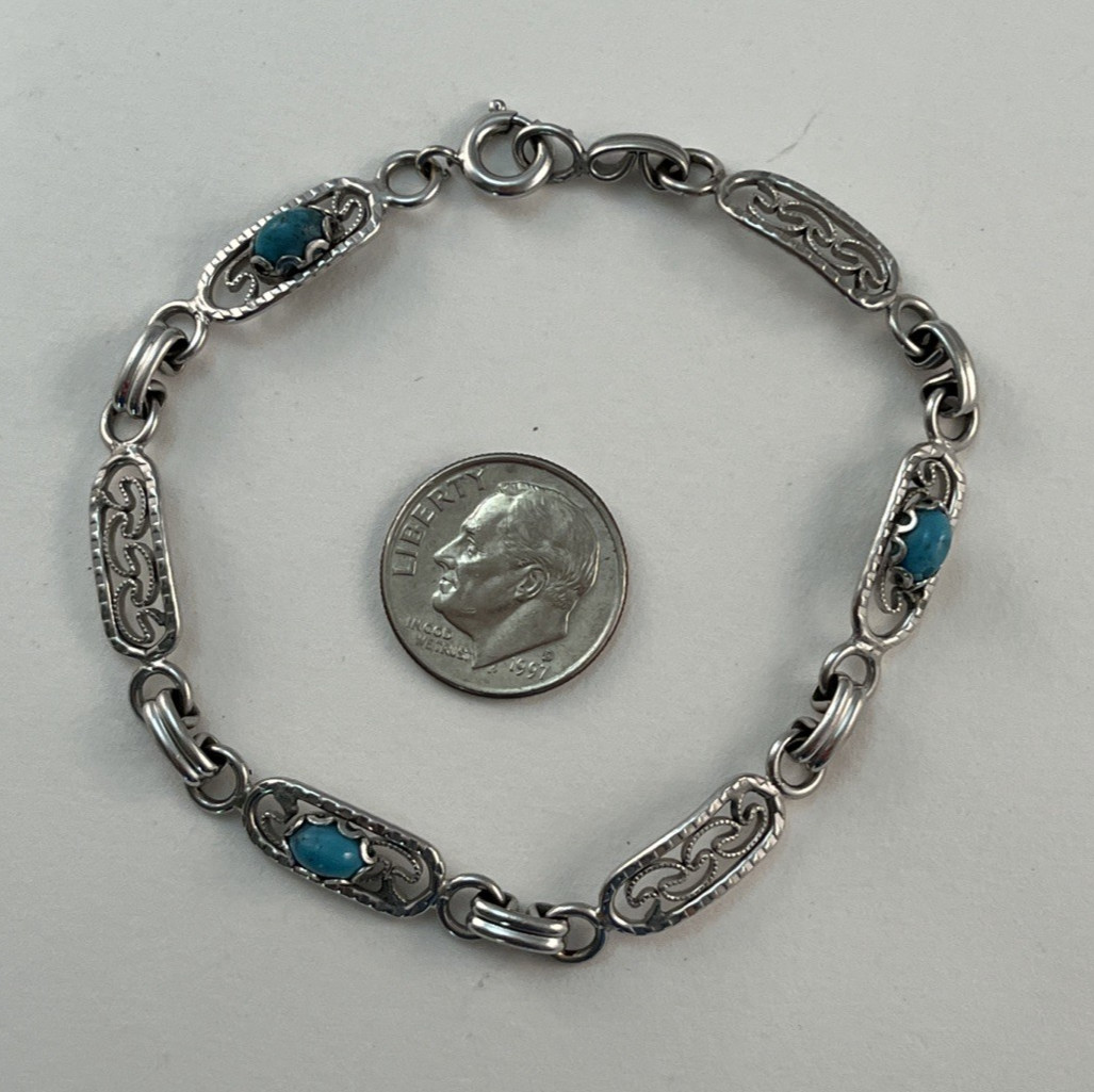 1/20 12K GF White Gold Filled Faux Blue Turquoise Link Bracelet 7 1/4″