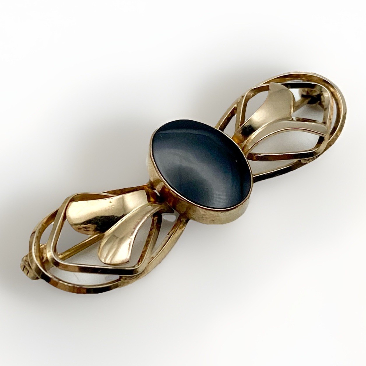 Vintage Carl Art 12K GF Genuine Onyx Bar Brooch Openwork Ribbon Mini Pin 1.8”