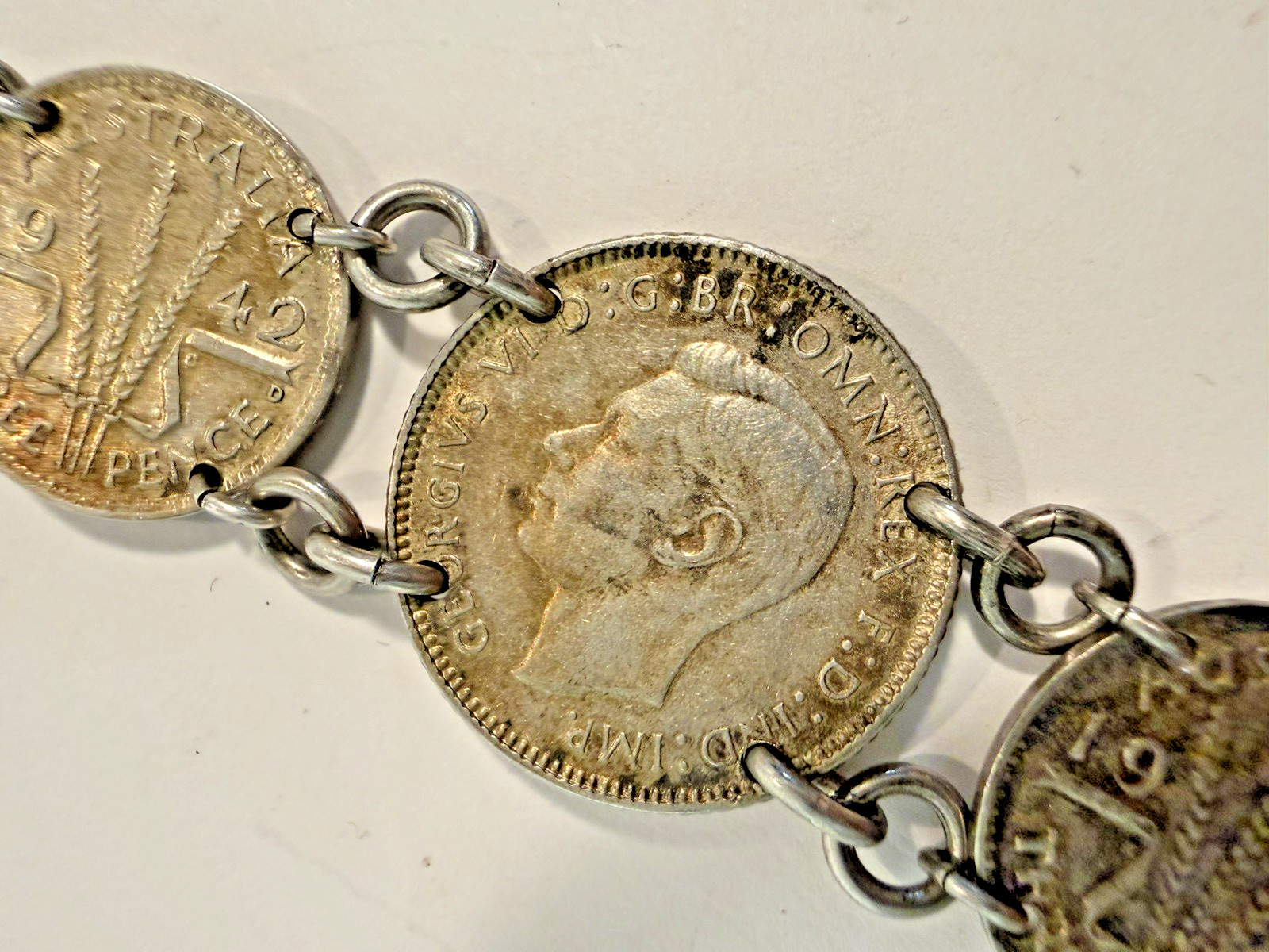 vintage coin Link bracelet 1940s Handmade australian sixpence threepence