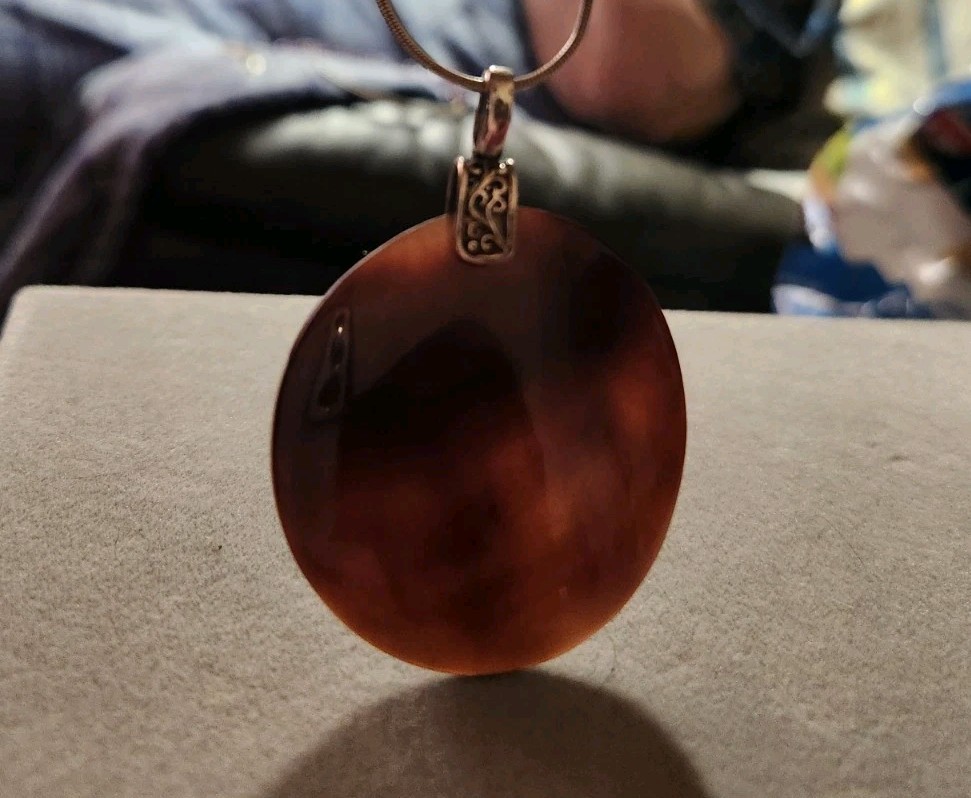 Vintage Brown Round Shell Sterling Silver Pendant Chain & Dangle Earring Set