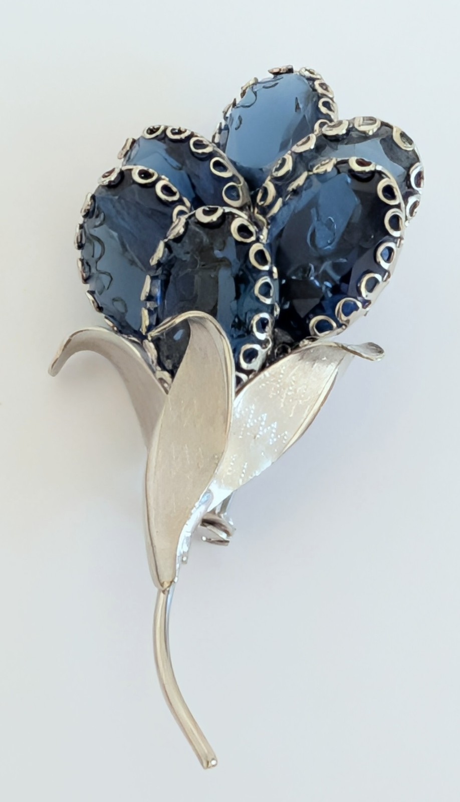 Vintage 1970’s Cobalt Blue Glass Brushed Silver Tone Bouquet Brooch