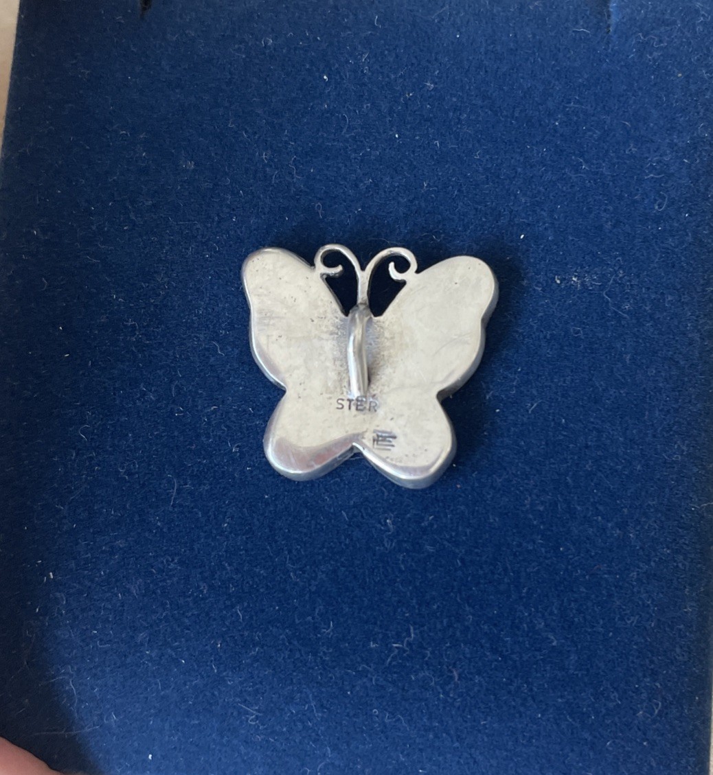 VTG Pendant Butterfly Sterling Silver Turquoise Coral Chip Inlay Southwestern 4g