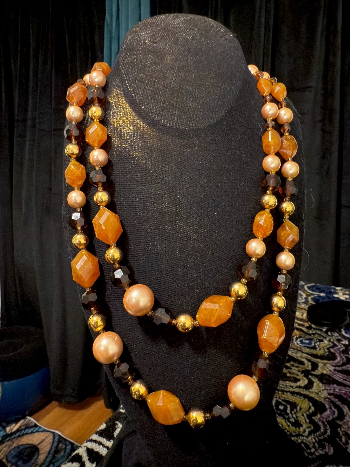 Vintage Made In France Multi Strand Amber Glass Faux Pearl Necklace 1960s-70s