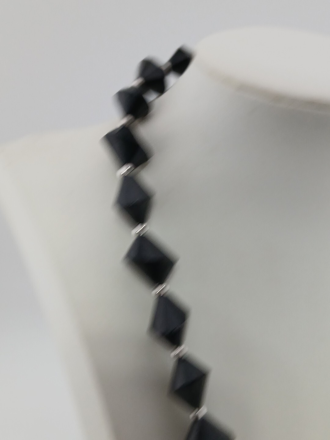 TRIFARI vintage black lucite bicone graduated beads silver tone accents necklace