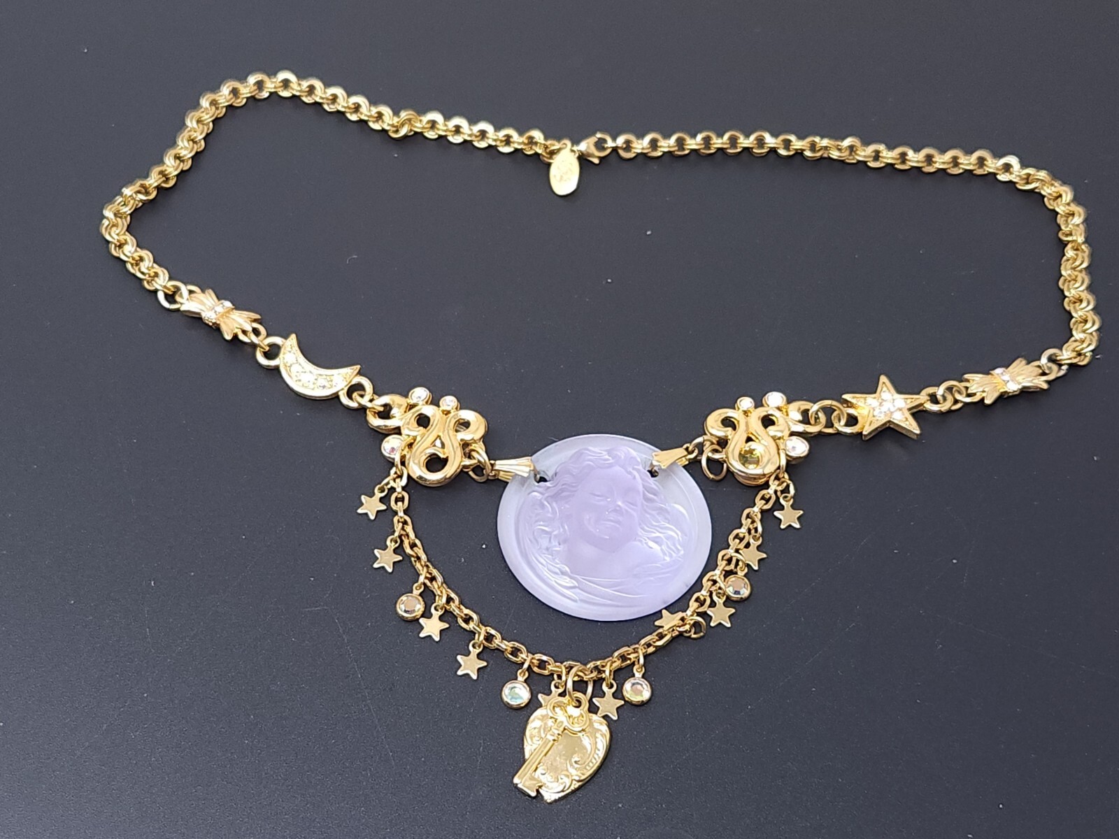 Vintage Kirks Folly Lavender Dream Angel Rhinestone Gold tone Necklace 17″