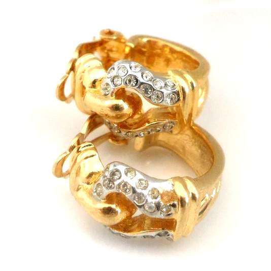 Buckle Earrings Clip On Half Hoops Gold Tn Rhinestones Unsigned ESPO Dead Stock
