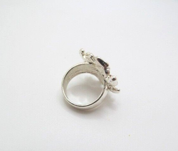 Vintage Silver Tone Patterned Pink & Gunmetal Petal Cluster Flower Ring Size 6.5