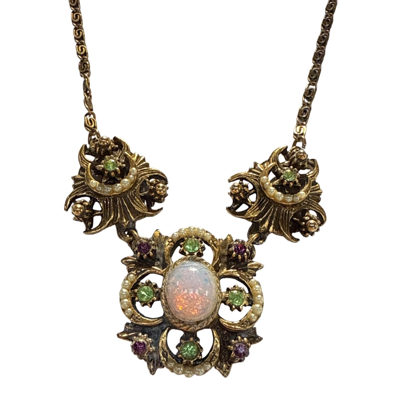 Victorian Revival Faux Fire Opal Pearl Necklace Antique Style Gold Tone Statemen