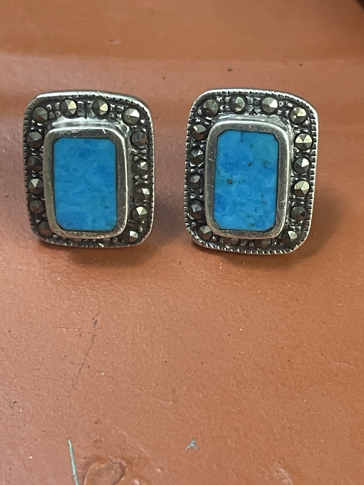 VTG .925 Stamped Sterling Silver Geometric Blue Turquoise Bracelet And Earrings