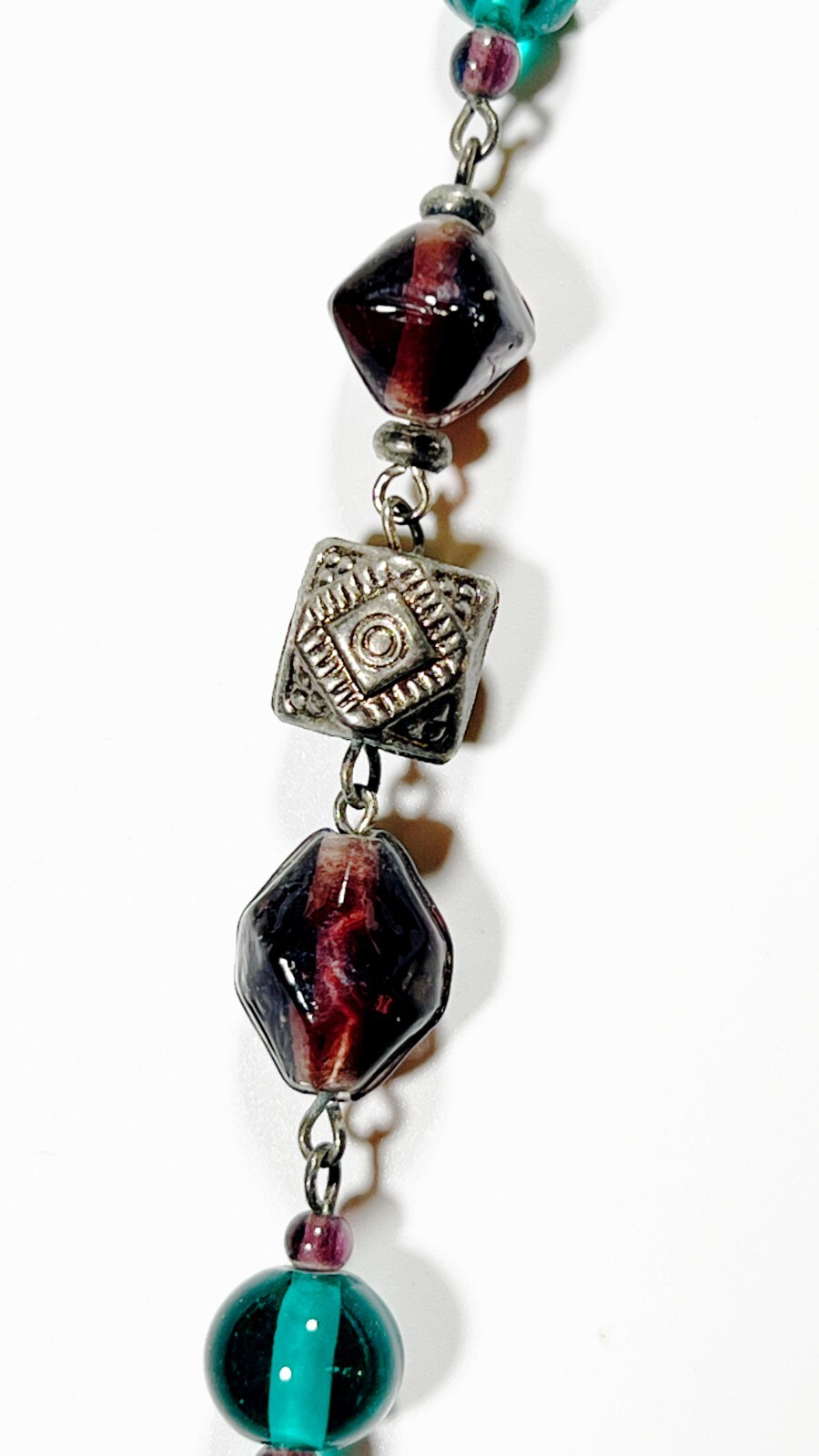 Vintage Blue, Green, Red Bauble & Tribal Silver Nugget Beaded Link Necklace