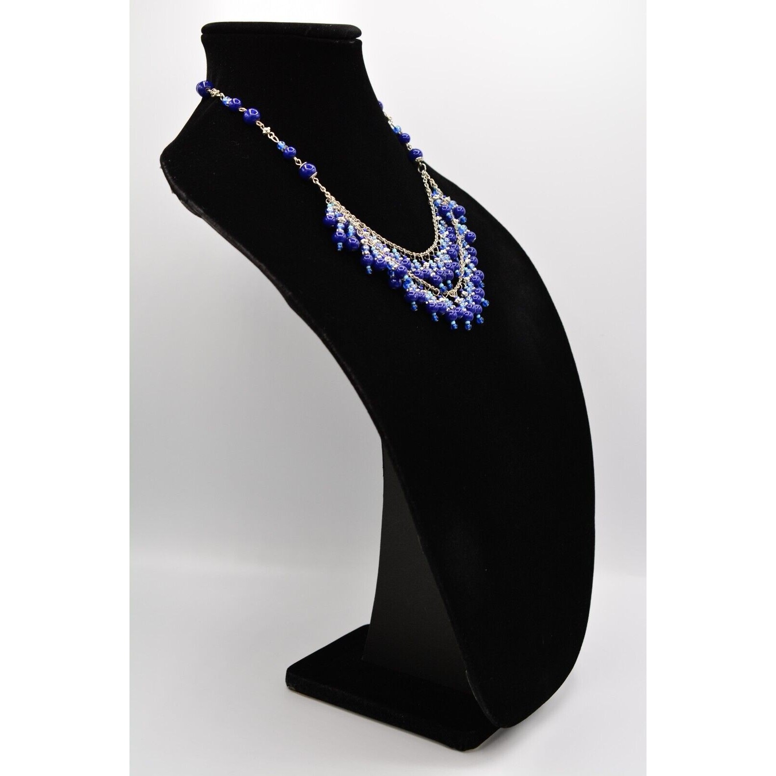Vintage Beaded Necklace Glass Blue Silver Evil Eye Mediterranean Fringe 1990s 9A