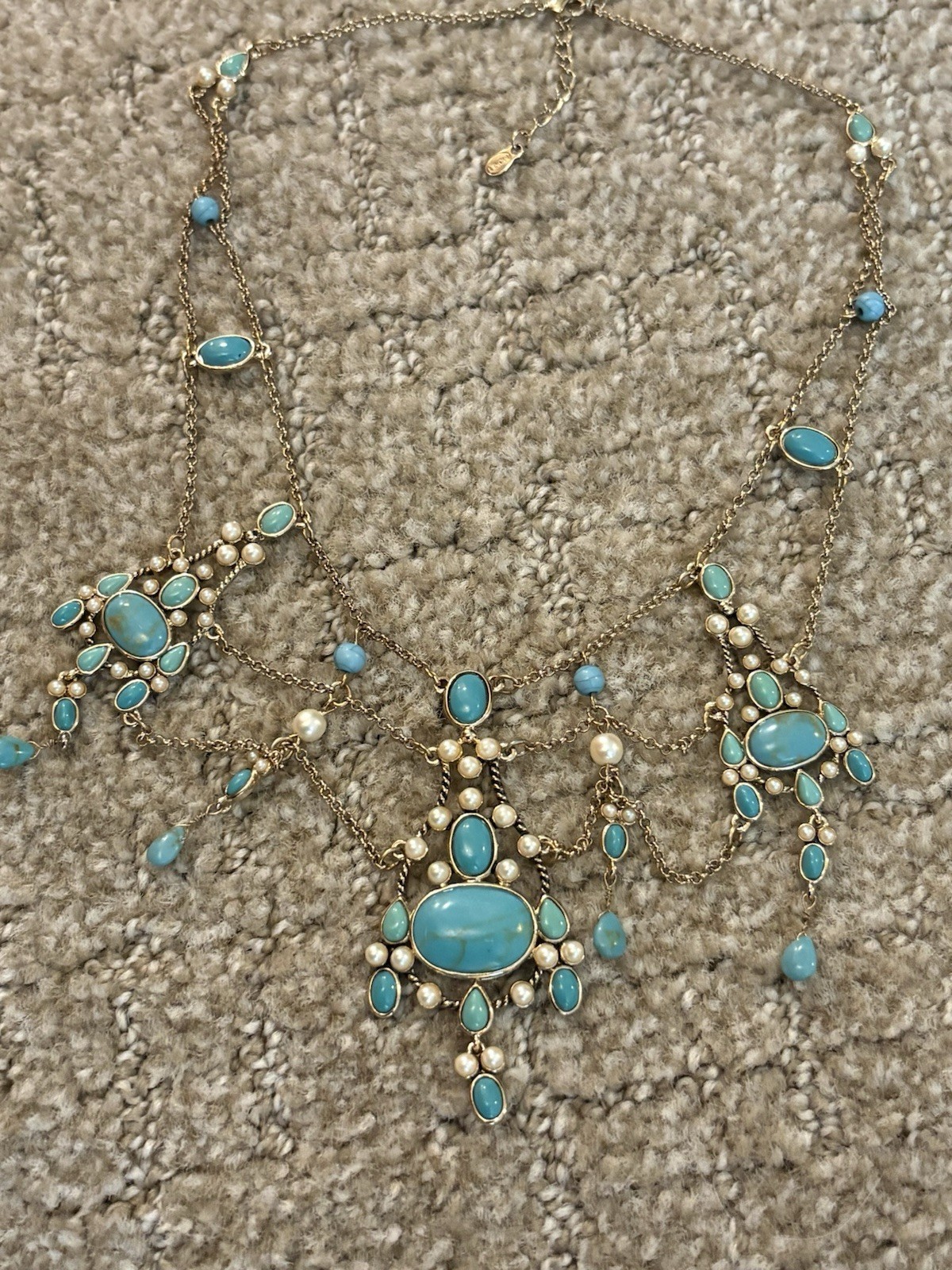 Monet Festoon Necklace Gold Tone, Faux Pearl Victorian Revival Design 15”