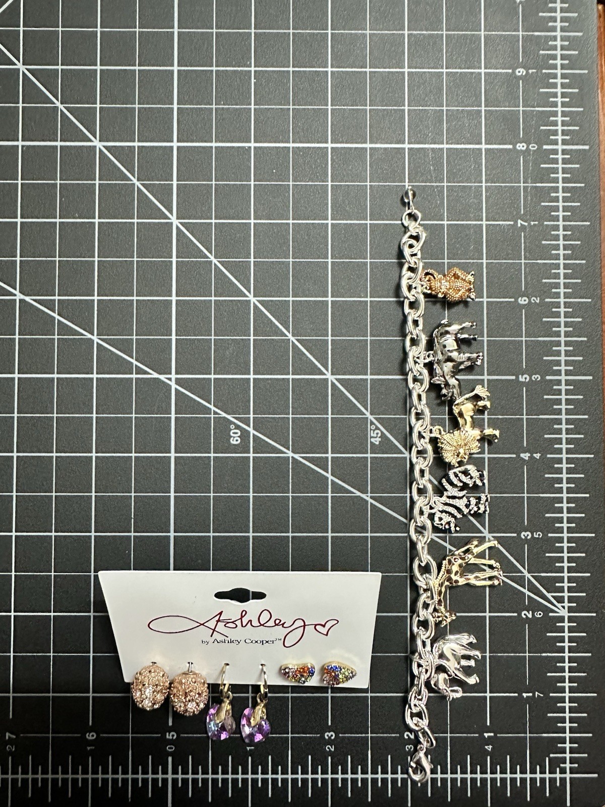 Napier Silver Tone Safari Themed Charm Bracelet Ashley Cooper Pierced Earrings