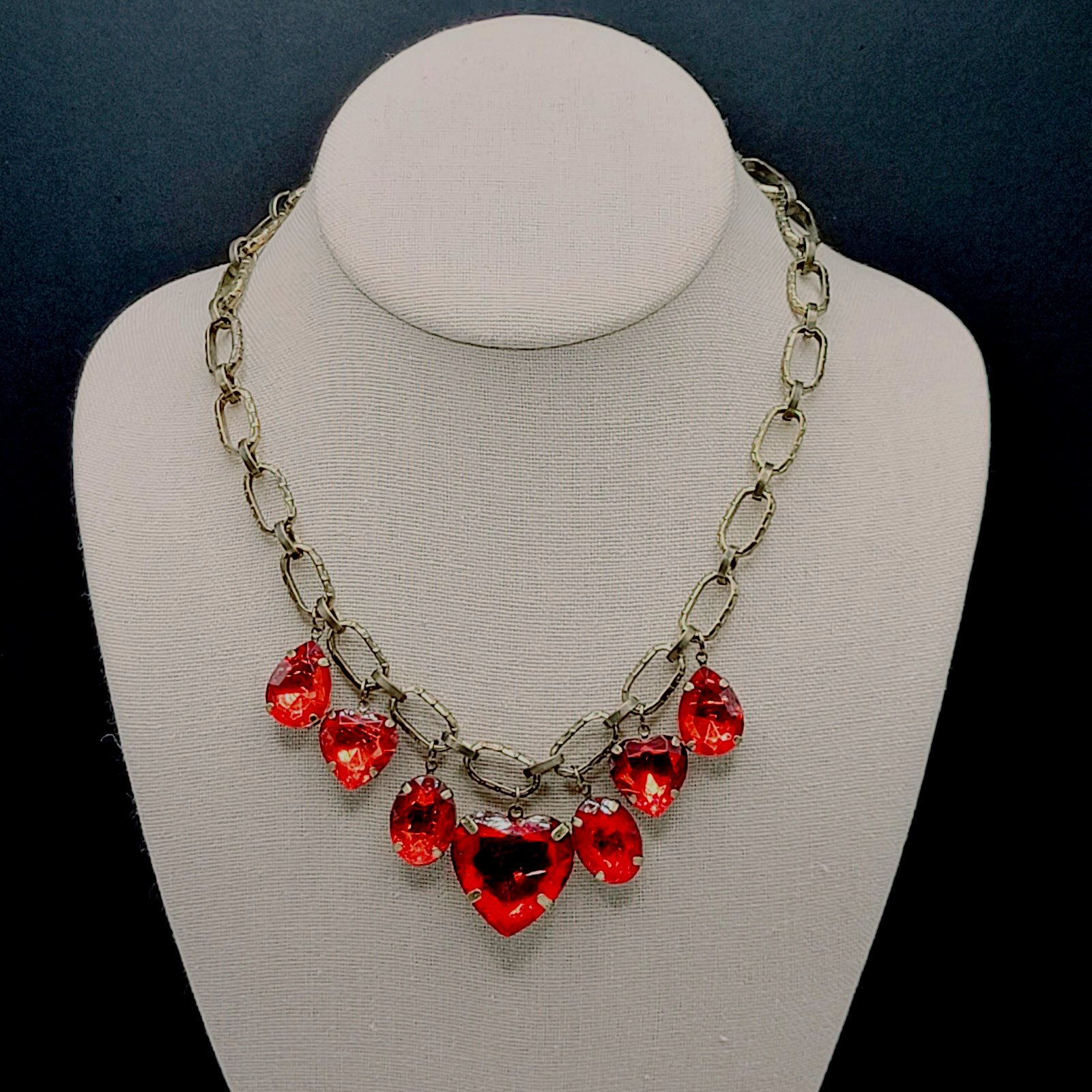 Red Acrylic Gem Statement Red Heart Brass Tone Large Link Vintage Necklace 17 In