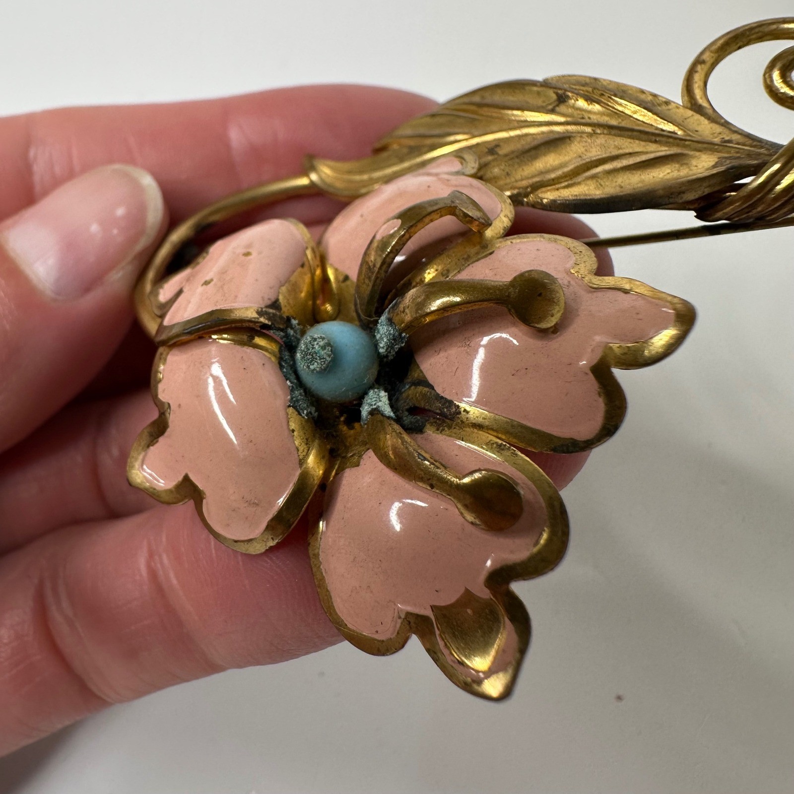 Vintage Pink Enamel Flower Brooch Gold Tone Leaf Blue Bead Pin Spring Romantic