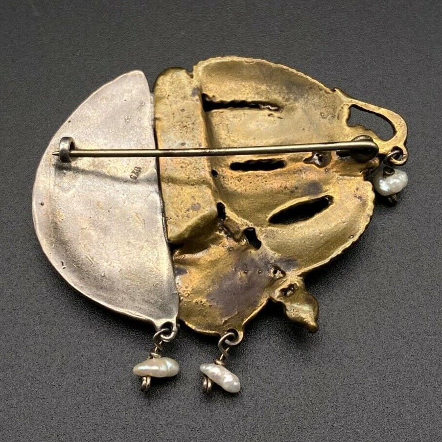 Vintage Modernist Abstract Pearl Mixed Metal Sterling Silver Brass Pin Brooch