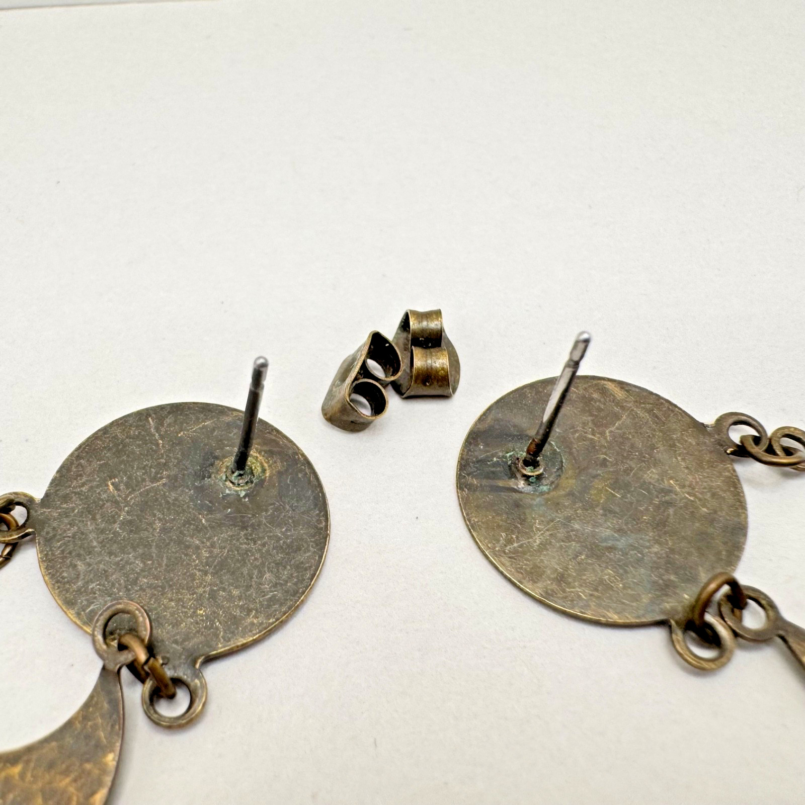 Vintage Brass Geometric Dangle Pierced Earrings Boho Mod Statement Tiered Disc