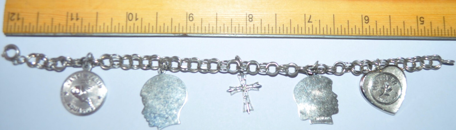 Vintage STERLING CHARM BRACELET cross, son, daughter, mom, aquarius .65 troy oz
