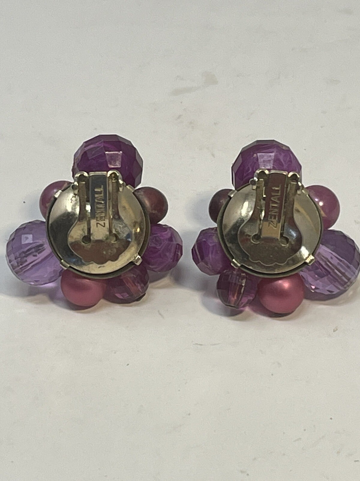 Vintage Zentall Purple Bead Cluster Clip On Earrings Faceted Crystal Faux Pearl