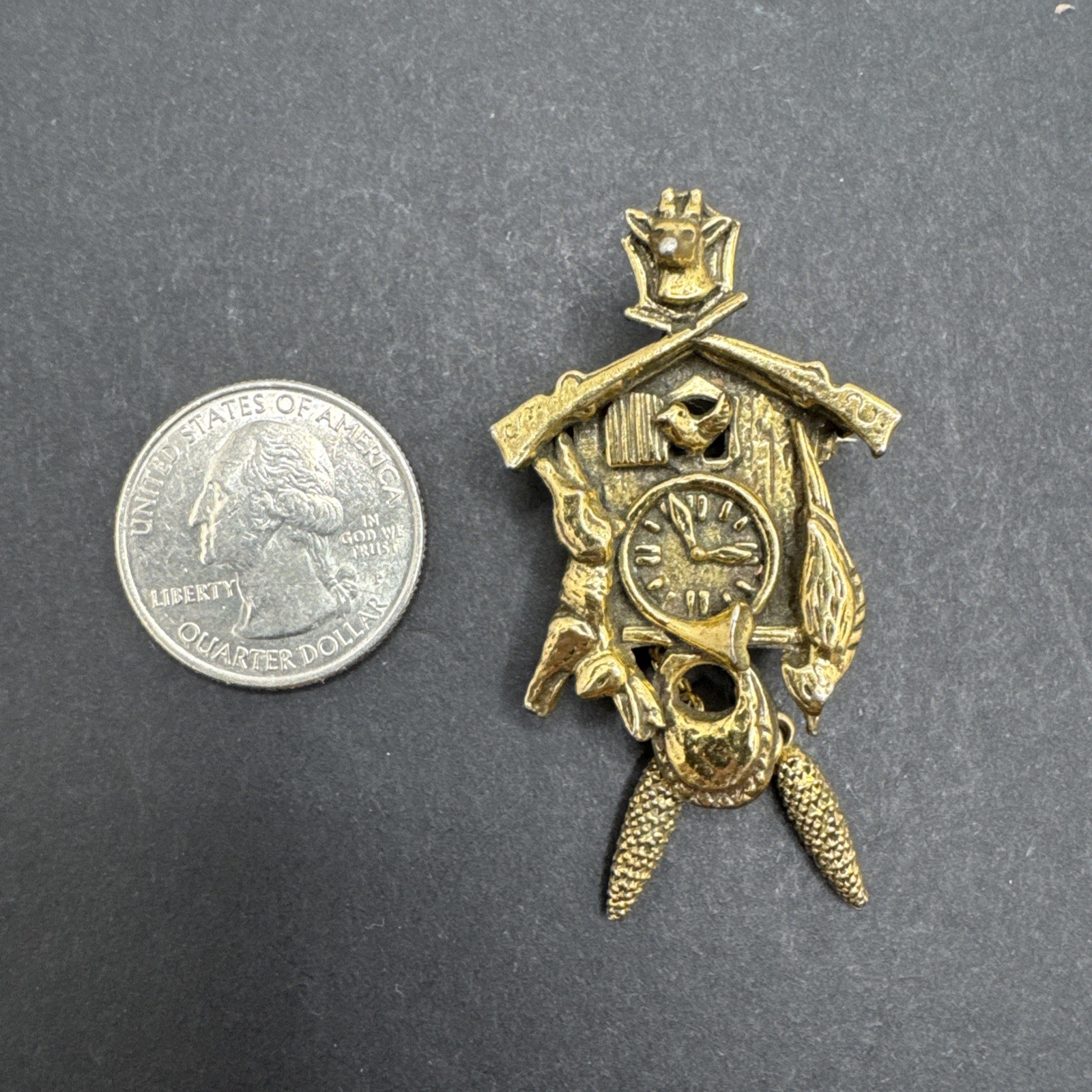 VINTAGE ZENTALL Cuckoo Clock PIN SIGNED GOLD TONED 2” Tall