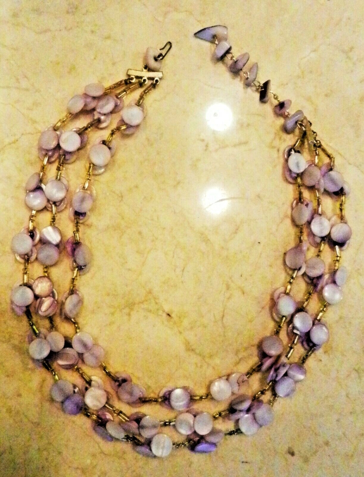 Japan Lucite 3-Strand Lozenge MOP Purple Buttons Choker Necklace 16″-18″-Vintage