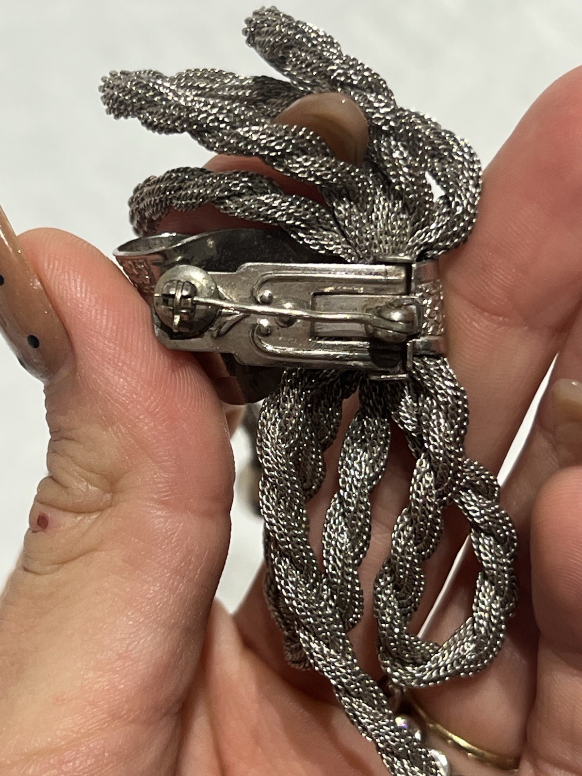 Vintage Silver Tone Woven Mesh Ribbon Bow Brooch Pin Dangle Tassel Retro 1970s