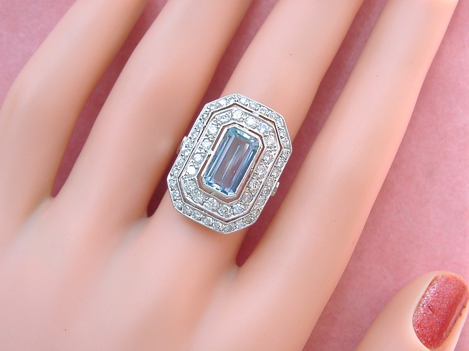 ESTATE DECO 1.55ct AQUAMARINE 1ctw OLD DIAMOND PLATINUM COCKTAIL RIGHT-HAND RING