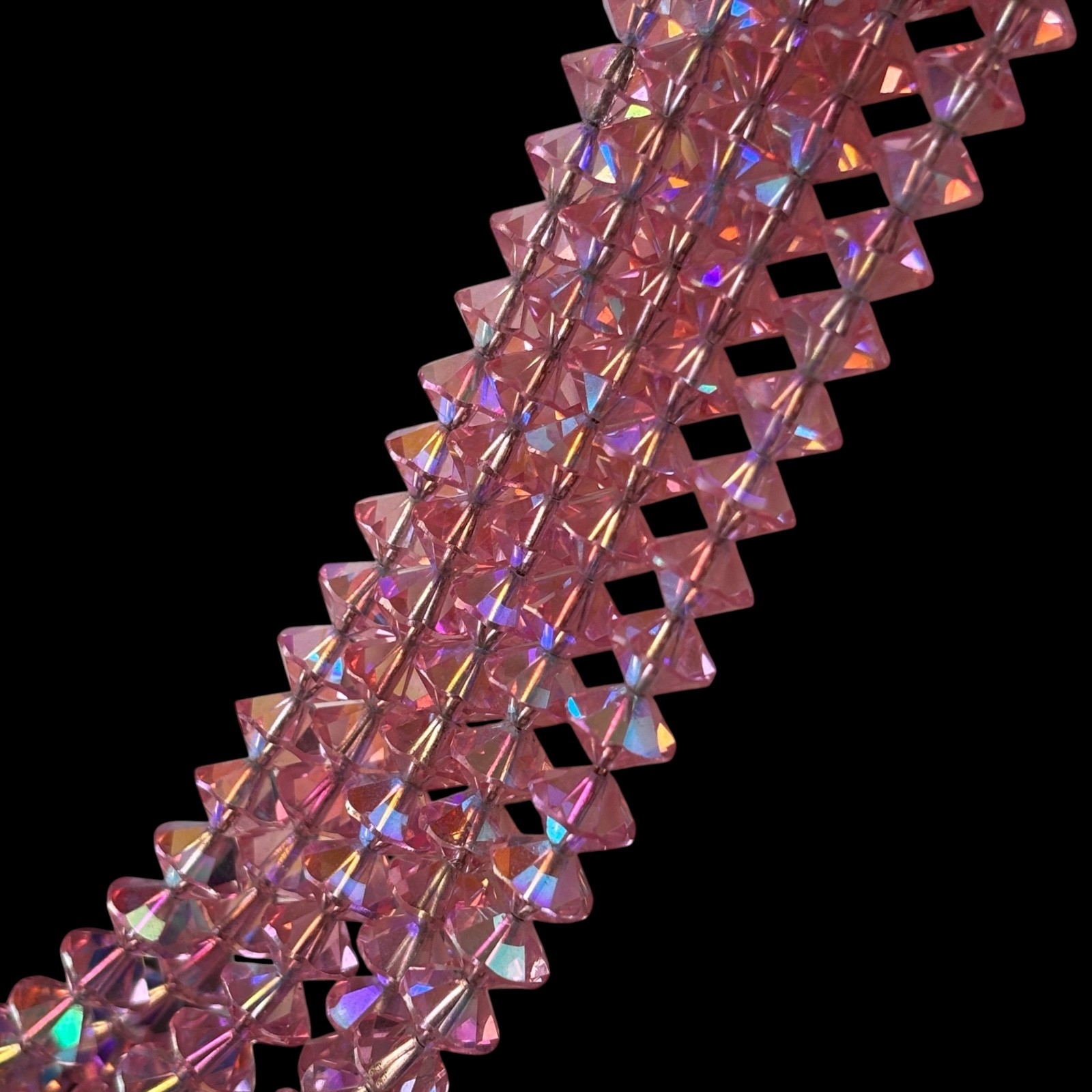Vtg Multistrand Black and Pink Glass AB Crystal Torsade Necklace 15-17in