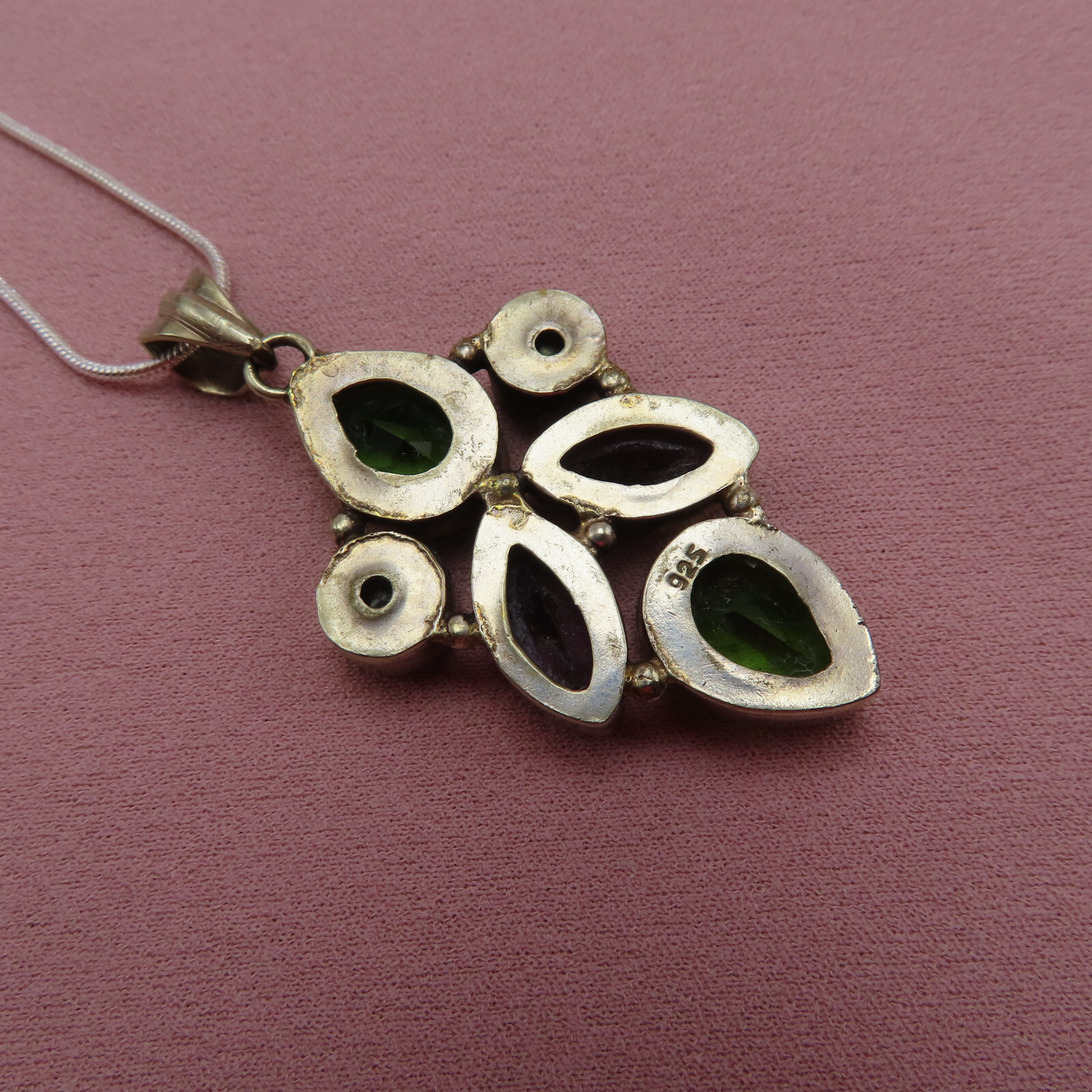 Vintage Sterling Silver Necklace 2 inch Pendant Green Purple Blue Crystal 369c