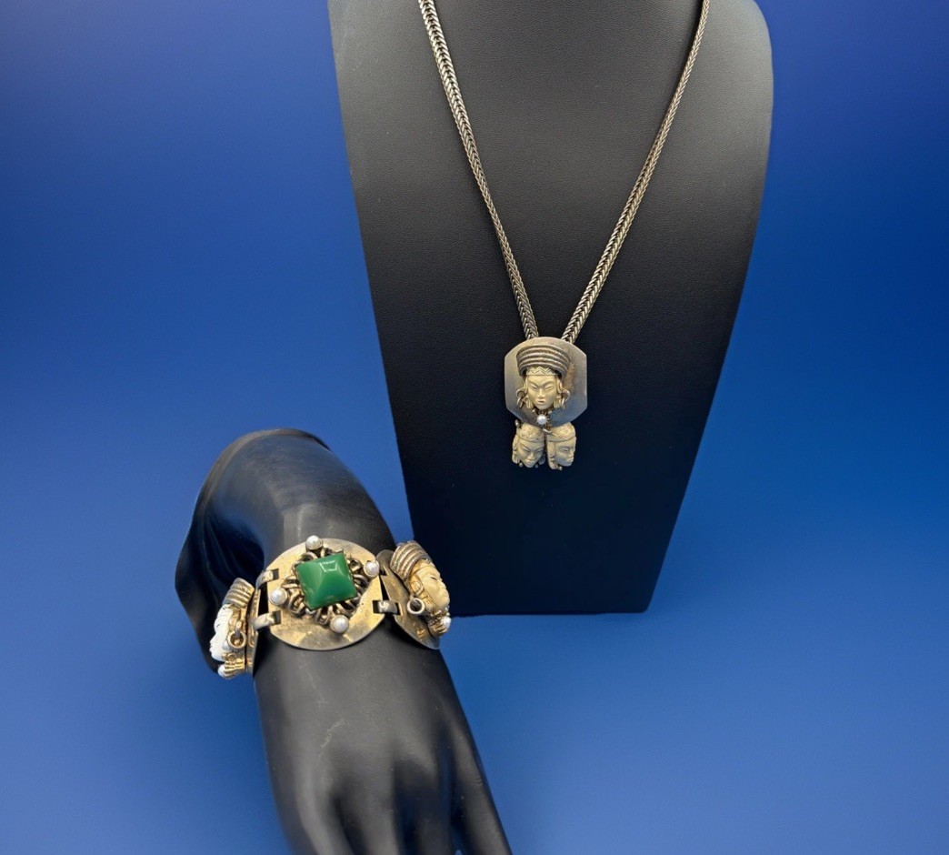 Vintage Sculpted Face Pendant Necklace & Green Stone Bracelet Set
