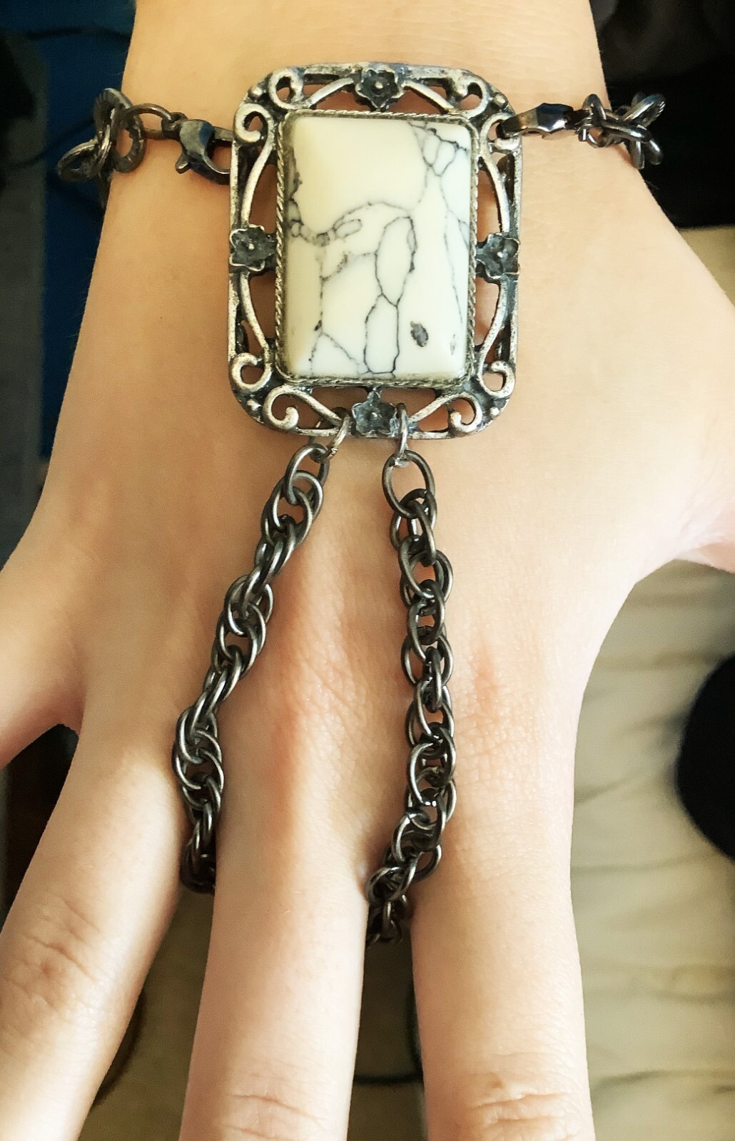 Hand Crafted Unique Marbled Stone Slave Bracelet Pewter Metal Wrist/Finger NWOT