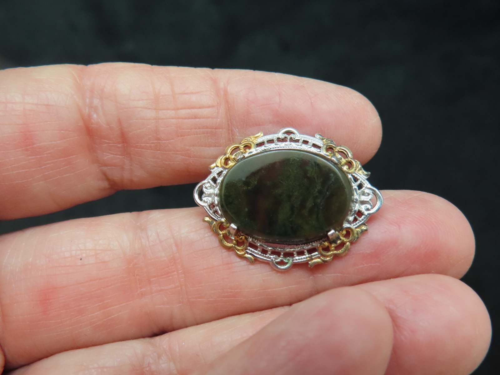 Sterling w/Gold Wash 1930’s Moss Agate Brooch Heirloom Quality