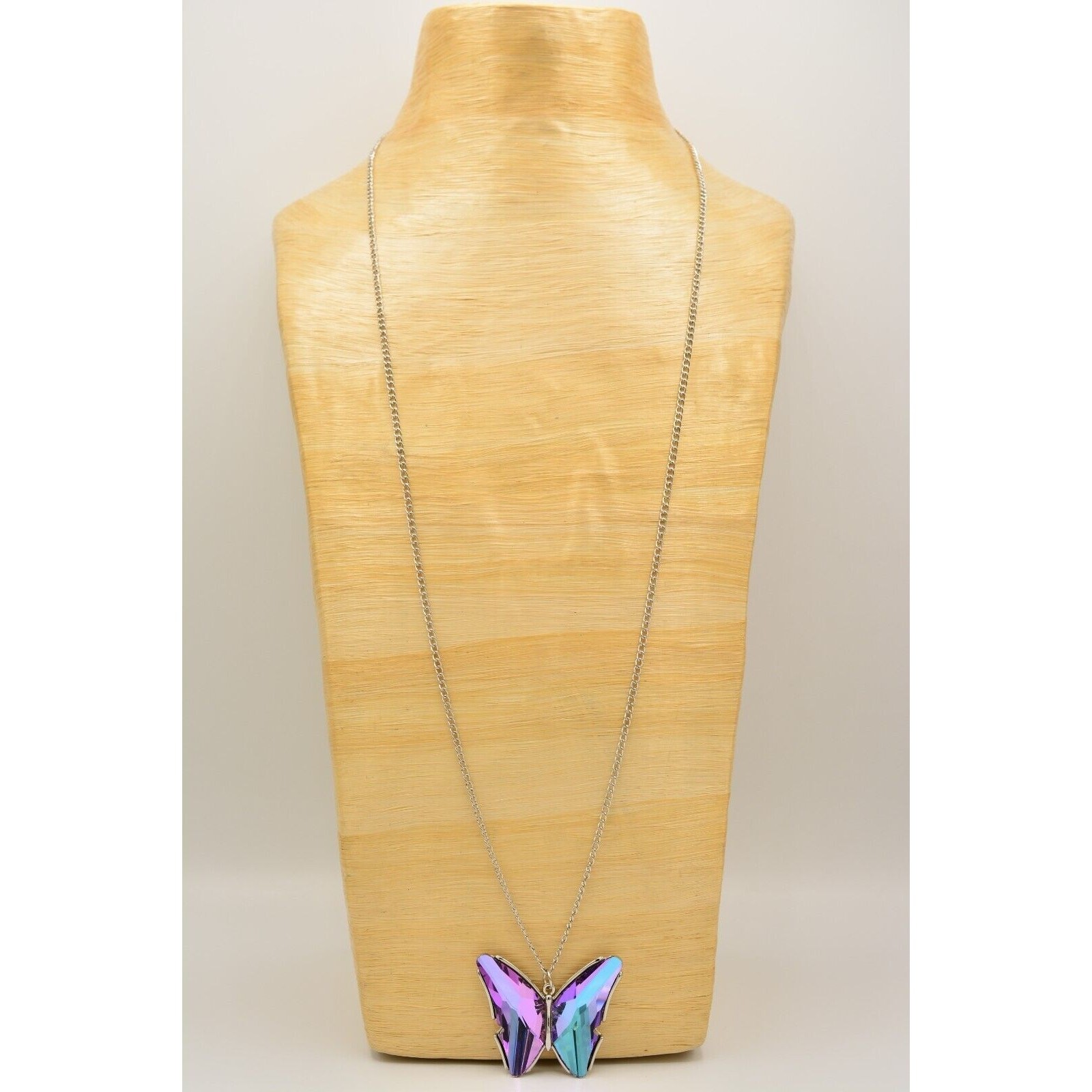 Vintage Crystal Butterfly Pendant Necklace Purple Blue Silver Chain 1990s Bin3C