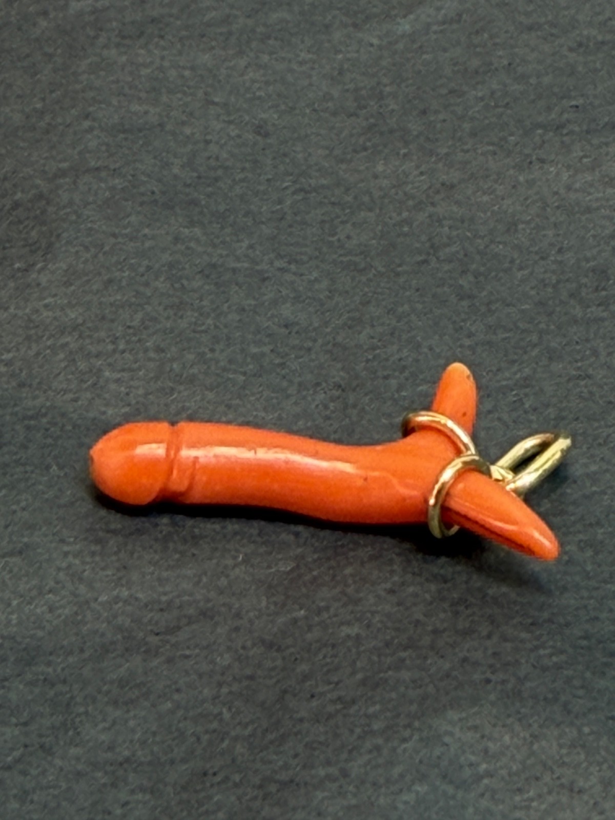 19c. Victorian 14k Gold Red Undyed Coral Phallus Fertility Amulet Fob Pendant
