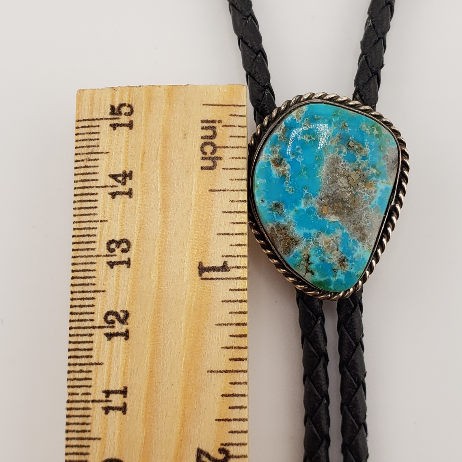 Vintage Turquoise Bolo Tie Sterling Silver Bezel Native American Signed S