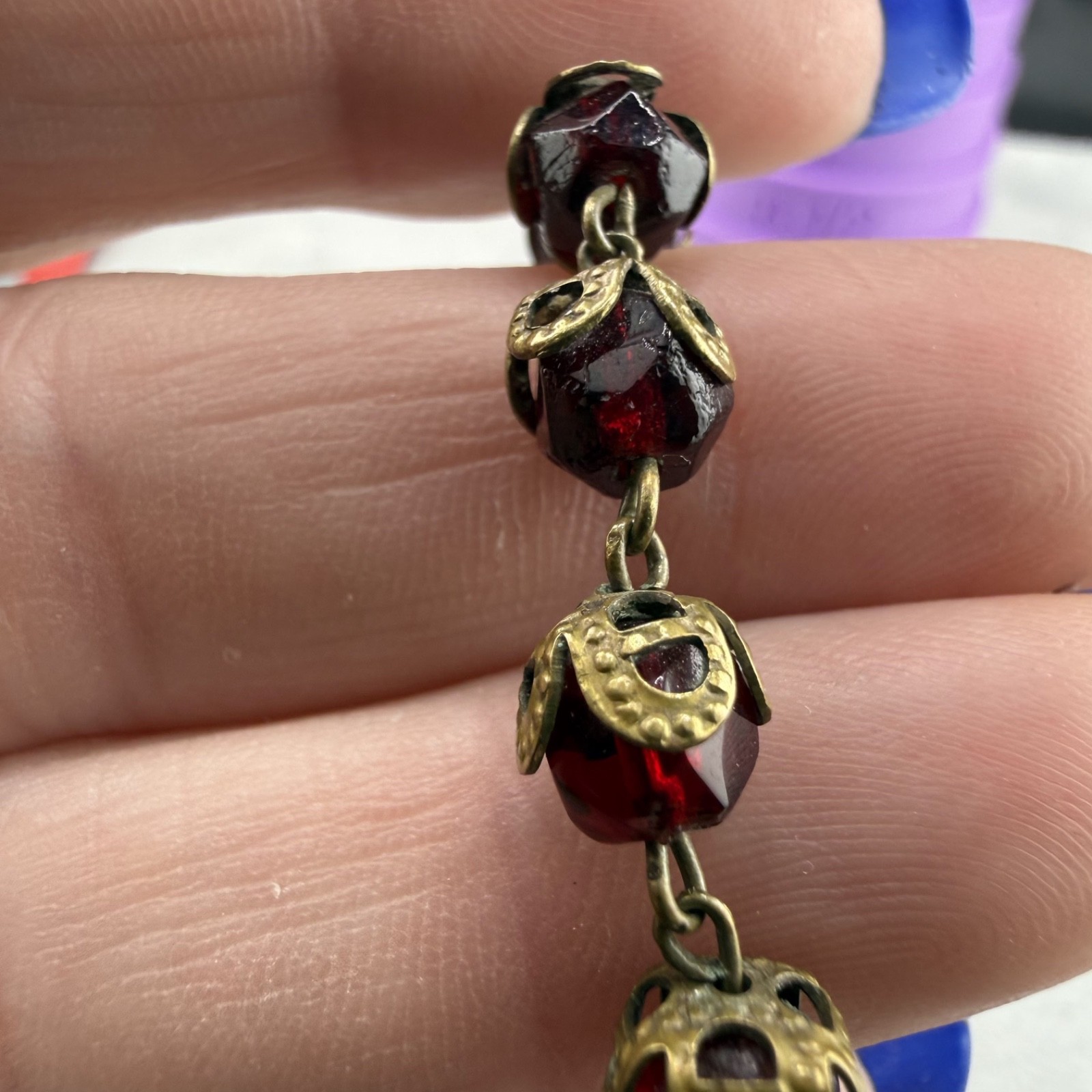 Vintage Travel Rosary Gold Tone Red Faceted Glass Infant of Prague 4”
